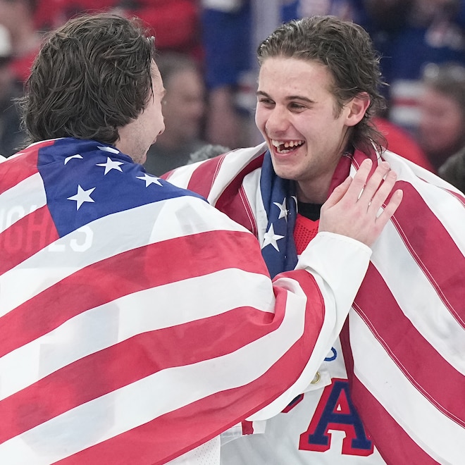 Team USA Jack Hughes (86) celebrates victory vs Team Canada during the Men's Gold Medal Game at the Milano Santagiulia Ice Hockey Arena.Milan, Italy 2/22/2026 CREDIT: Erick W. Rasco